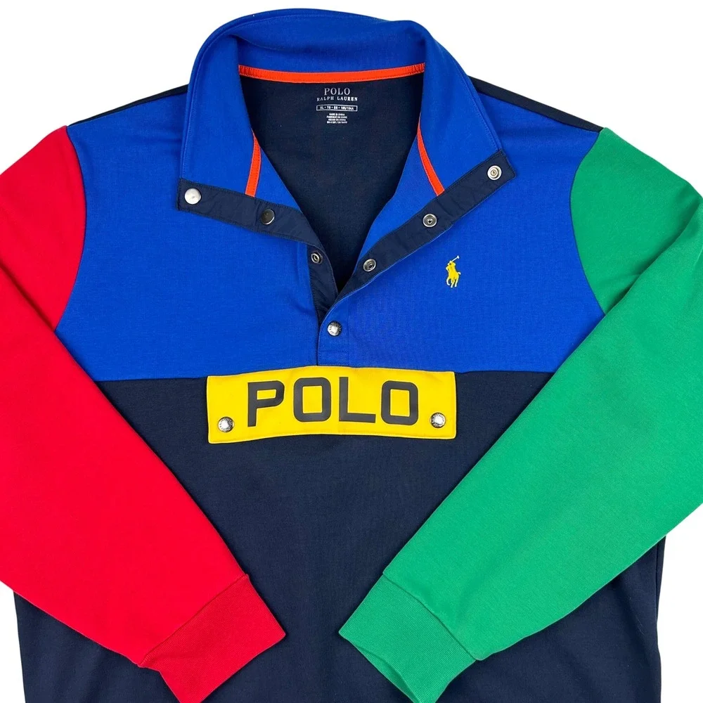 Polo Ralph Lauren Mens XL Colorblock Snap Neck Sweatshirt Multi Color Logo 2021